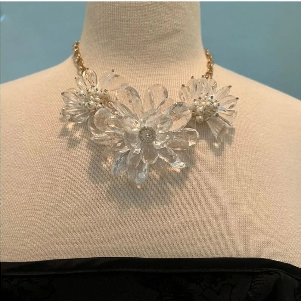 Clustered Flower Statement Necklace and Earrings Set Faux Pearl Goldtone Chain